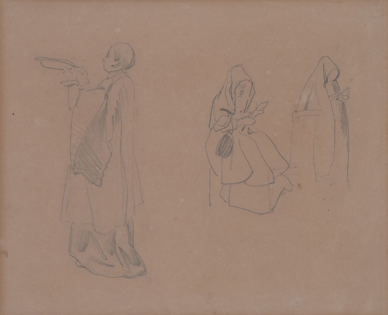Bosboom J.  | Johannes Bosboom, Studie van kloosterling en nonnen, potlood op papier 20,8 x 26,1 cm