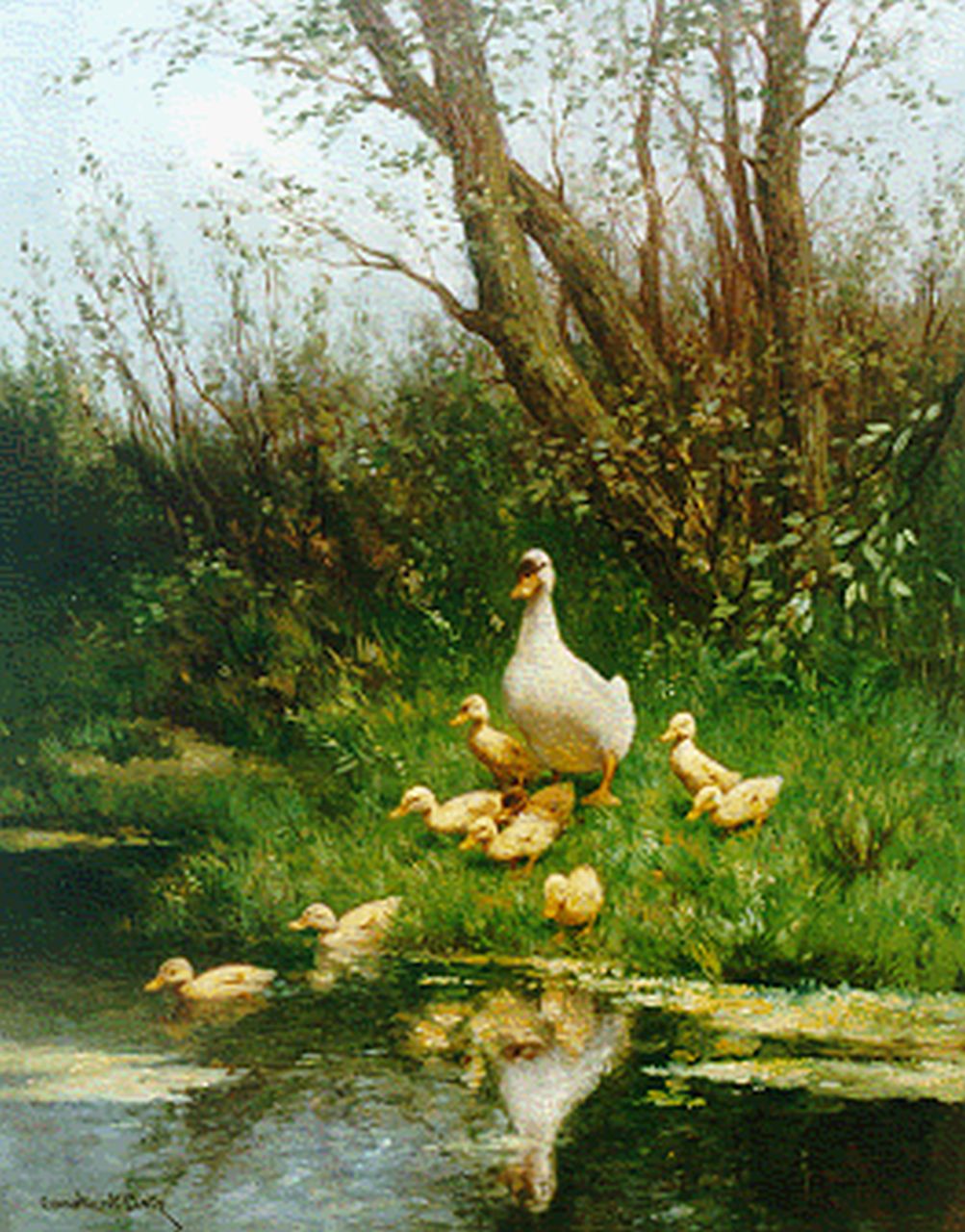 Artz C.D.L.  | 'Constant' David Ludovic Artz, Eend met kuikens aan de rivieroever, olieverf op doek 50,0 x 40,0 cm, gesigneerd linksonder