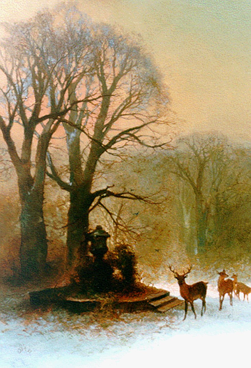 Rochussen Ch.  | Charles Rochussen, Herten in een winters park, olieverf op paneel 59,9 x 44,6 cm, gesigneerd linksonderini en gedateerd 1872