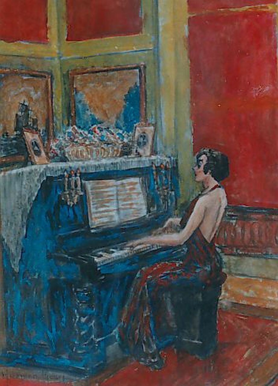 Meurs H.H.  | 'Harmen' Hermanus Meurs, Pianospelende vrouw in avondjurk, aquarel op papier 26,0 x 19,0 cm, gesigneerd linksonder