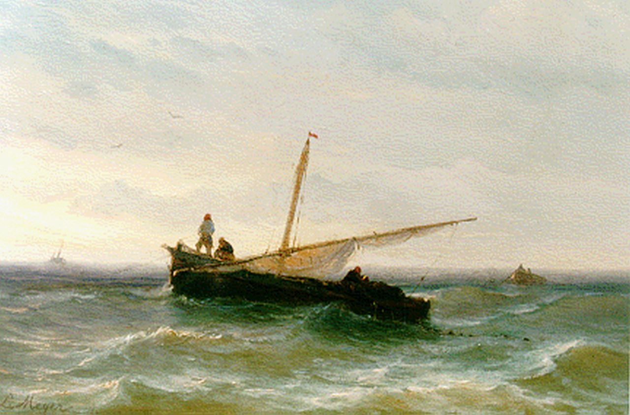 Meijer J.H.L.  | Johan Hendrik 'Louis' Meijer, Vissersbootje met gestreken zeilen, olieverf op paneel 18,5 x 26,7 cm, gesigneerd linksonder