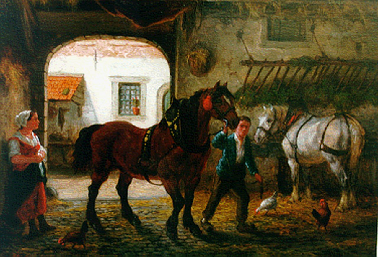 Boogaard W.J.  | Willem Johan Boogaard, Stalinterieur, olieverf op paneel 19,5 x 27,8 cm, gesigneerd linksonder en gedateerd 1875