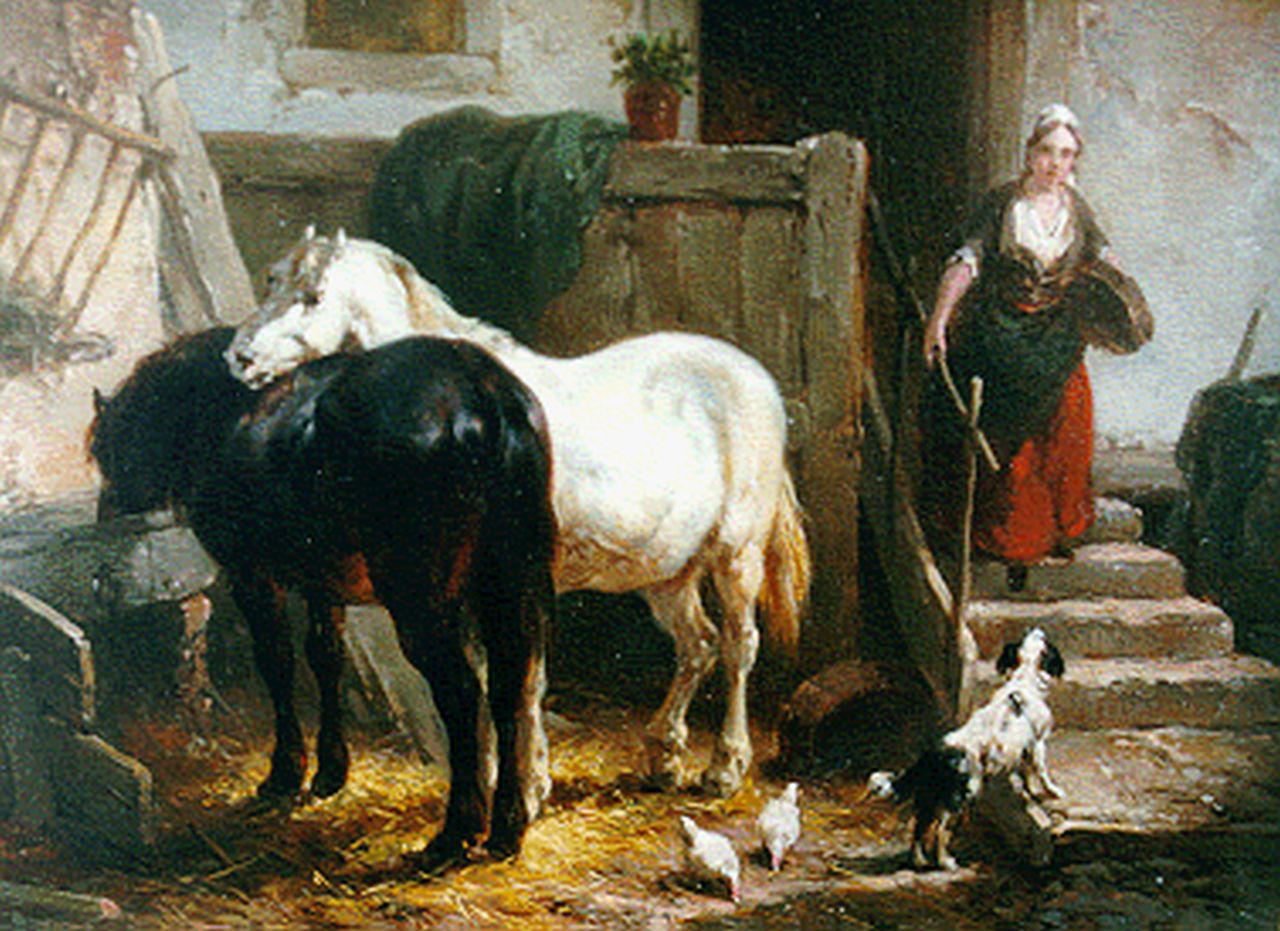 Verschuur W.  | Wouterus Verschuur, Stalinterieur met twee paarden, olieverf op paneel 15,0 x 19,0 cm, gesigneerd linksonder