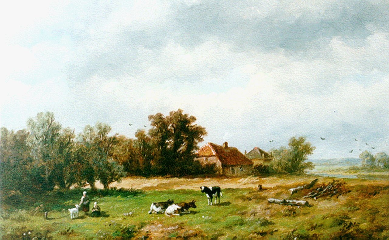 Wijngaerdt A.J. van | Anthonie Jacobus van Wijngaerdt, Boerenmeisjes met vee in een landschap, olieverf op paneel 23,6 x 36,0 cm, gesigneerd rechtsonder