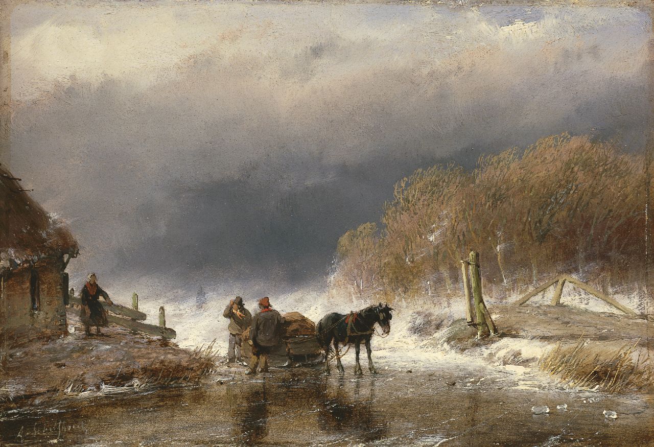 Schelfhout A.  | Andreas Schelfhout, Figuren en paard op het ijs, olieverf op paneel 15,8 x 23,0 cm, gesigneerd linksonder
