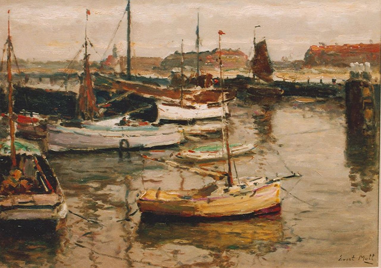 Moll E.  | Evert Moll, Boten in de haven van Scheveningen, olieverf op doek 50,2 x 70,4 cm, gesigneerd rechtsonder