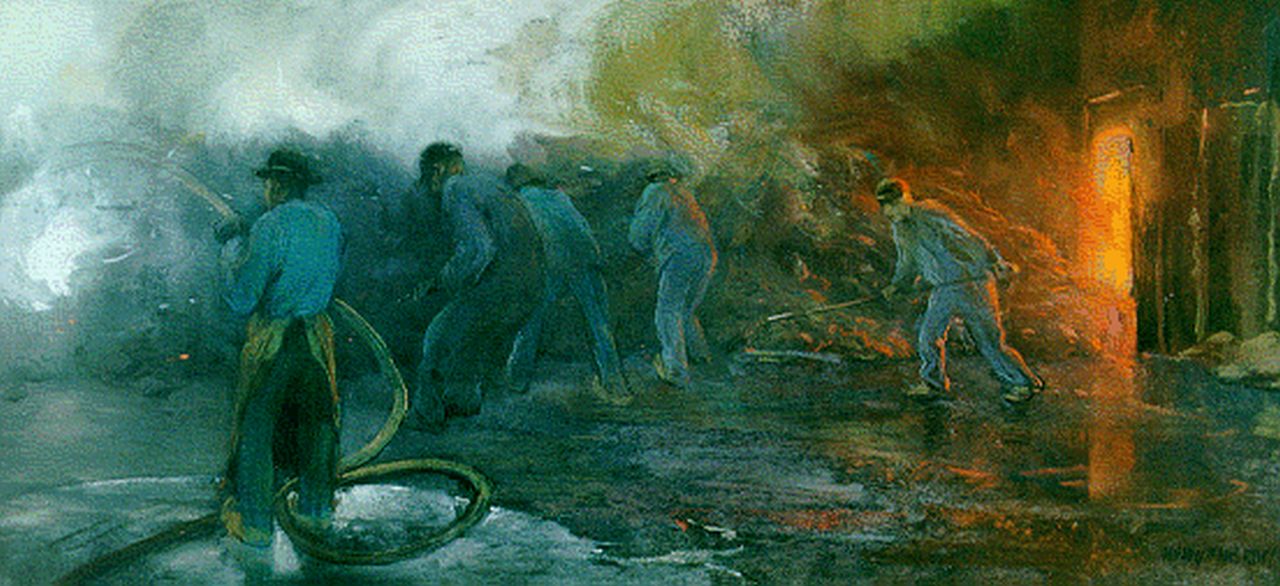 Heijenbrock J.C.H.  | Johan Coenraad Hermann 'Herman' Heijenbrock, Arbeiders in een staalfabriek, gouache en pastel op papier 30,0 x 64,0 cm, gesigneerd rechtsonder