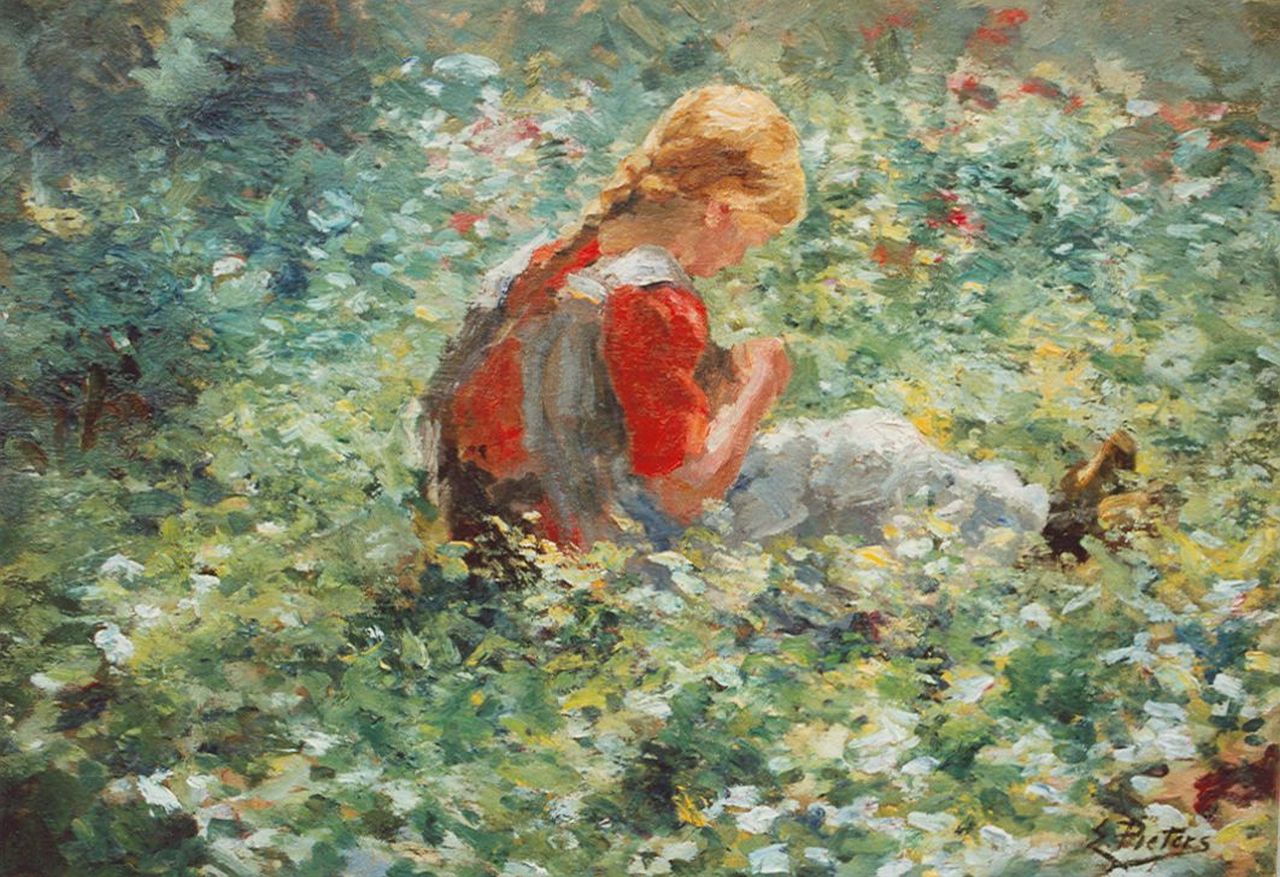 Pieters E.  | Evert Pieters, Jong meisje in zonnige tuin, olieverf op doek 49,5 x 77,7 cm, gesigneerd rechtsonder