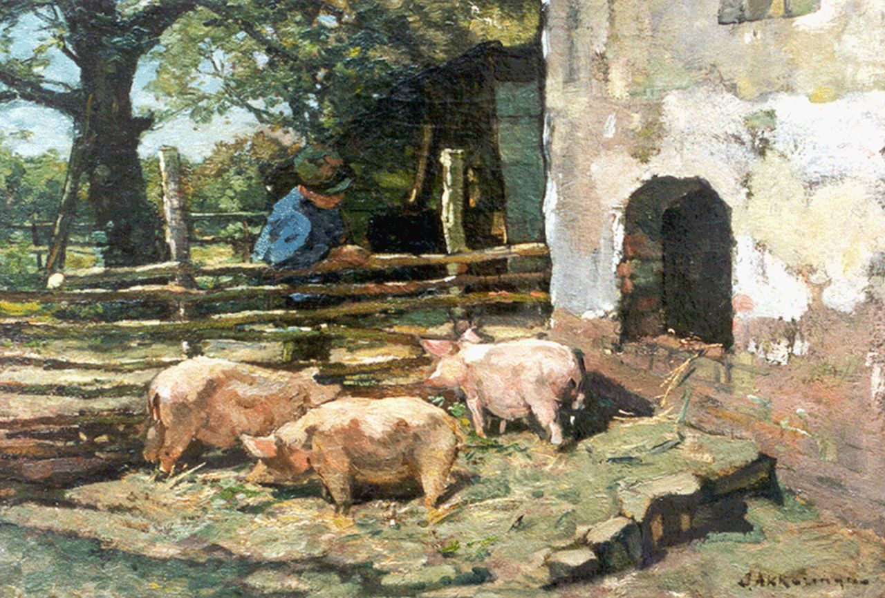 Akkeringa J.E.H.  | 'Johannes Evert' Hendrik Akkeringa, Het voeren van de varkens, olieverf op doek 32,7 x 47,2 cm, gesigneerd rechtsonder