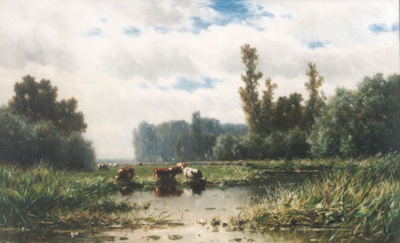Roelofs W.  | Willem Roelofs, Koeien aan de waterkant van het Gein, olieverf op doek 109,4 x 174,5 cm, gesigneerd rechtsonder