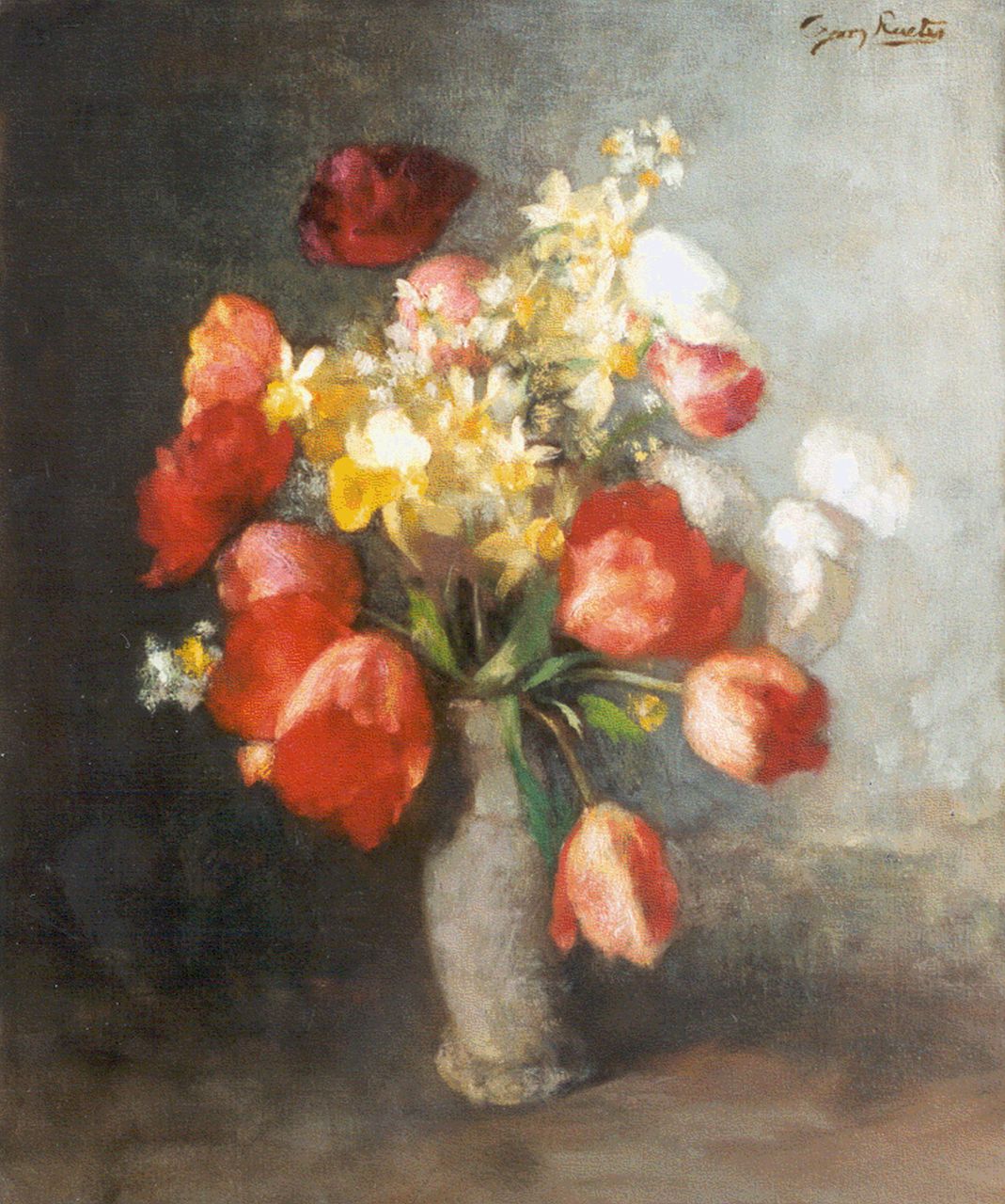 Rueter W.C.G.  | Wilhelm Christian 'Georg' Rueter, Stilleven met tulpen en narcissen, olieverf op doek 59,5 x 51,0 cm, gesigneerd rechtsboven