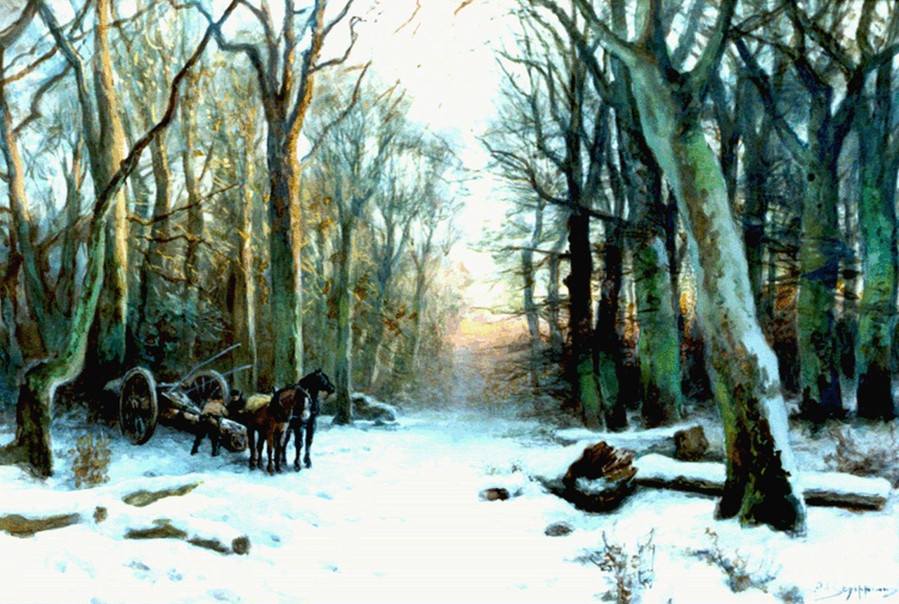 Schipperus P.A.  | Pieter Adrianus 'Piet' Schipperus, Paarden in een winters bos, aquarel op papier 37,0 x 54,5 cm, gesigneerd rechtsonder