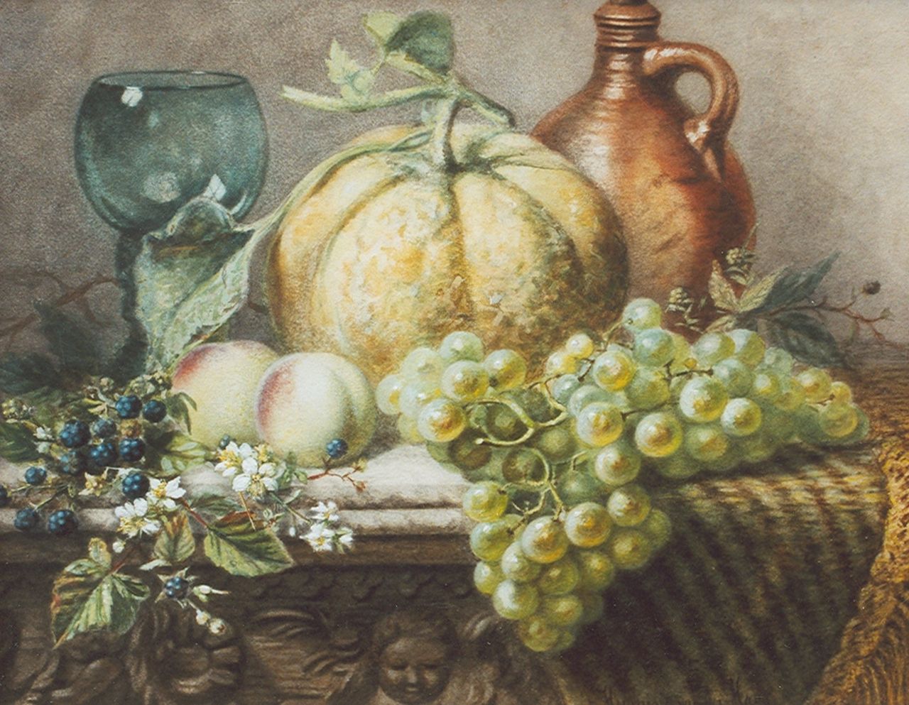Hermina van der Haas | Stilleven met fruit en een roemer, aquarel op papier, 39,1 x 48,8 cm, gesigneerd r.o.