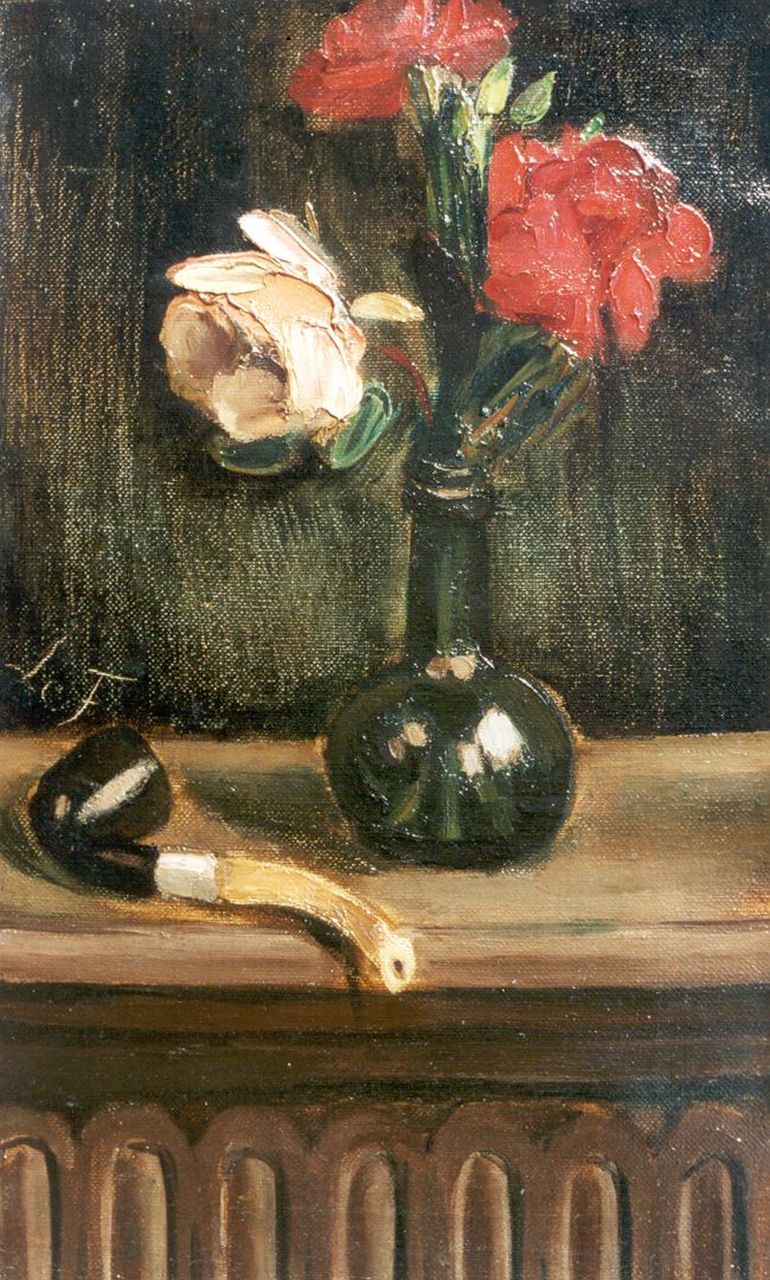 Fauconnier H.V.G. Le | 'Henri' Victor Gabriel Le Fauconnier, Stilleven met bloemen en pijp, olieverf op doek 51,2 x 30,7 cm, gesigneerd links van het midden met initialen