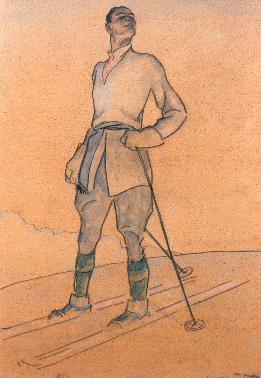 Sluiter J.W.  | Jan Willem 'Willy' Sluiter, De skiër, St.-Moritz, pastel en aquarel op papier 43,0 x 32,5 cm, gesigneerd rechtsonder en gedateerd 1-'21
