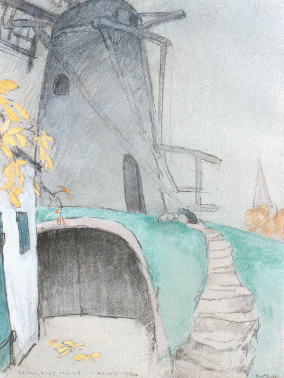 Gestel L.  | Leendert 'Leo' Gestel, De verlaten molen in België, zwart krijt, aquarel en pastel op papier 51,0 x 38,5 cm, gesigneerd rechtsonder en gedateerd 1914