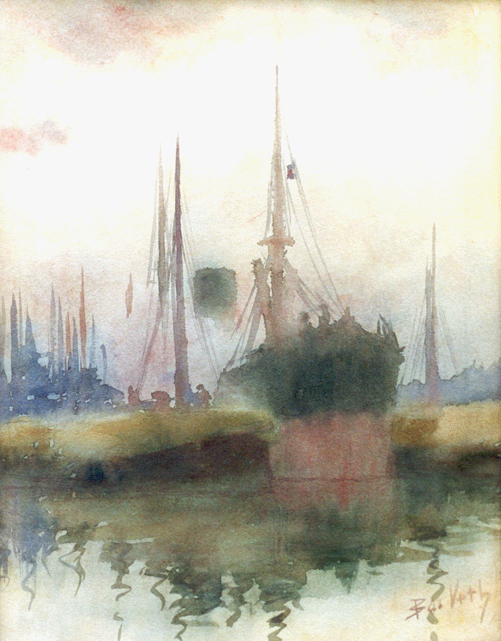 Veth B.  | Bastiaan 'Bas' Veth, Havengezicht bij Dordrecht, aquarel op papier 36,0 x 28,0 cm, gesigneerd rechtsonder en verso gedateerd '91