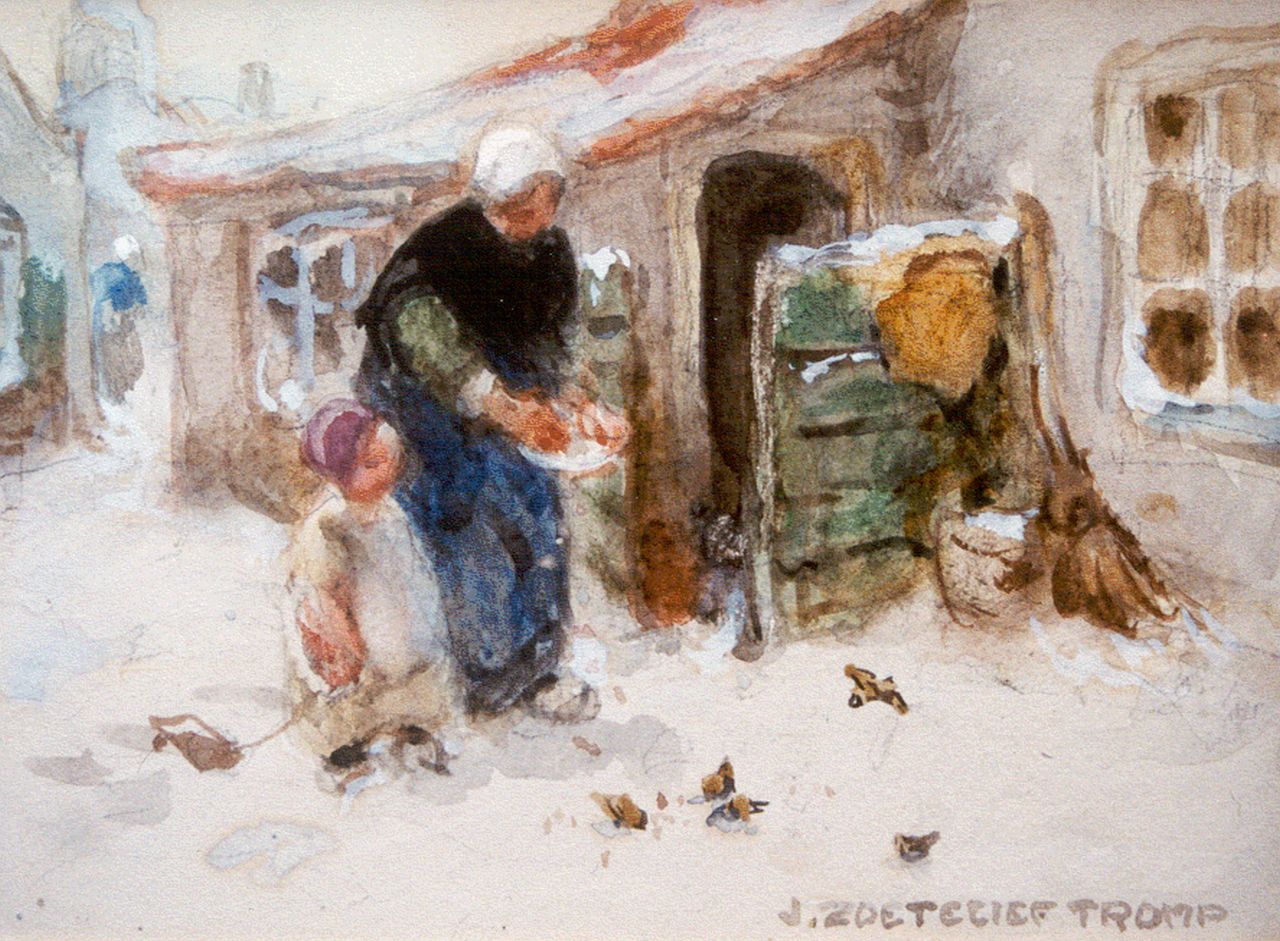 Zoetelief Tromp J.  | Johannes 'Jan' Zoetelief Tromp, Vogeltjes voeren in de winter, aquarel op papier 14,5 x 19,0 cm, gesigneerd rechtsonder