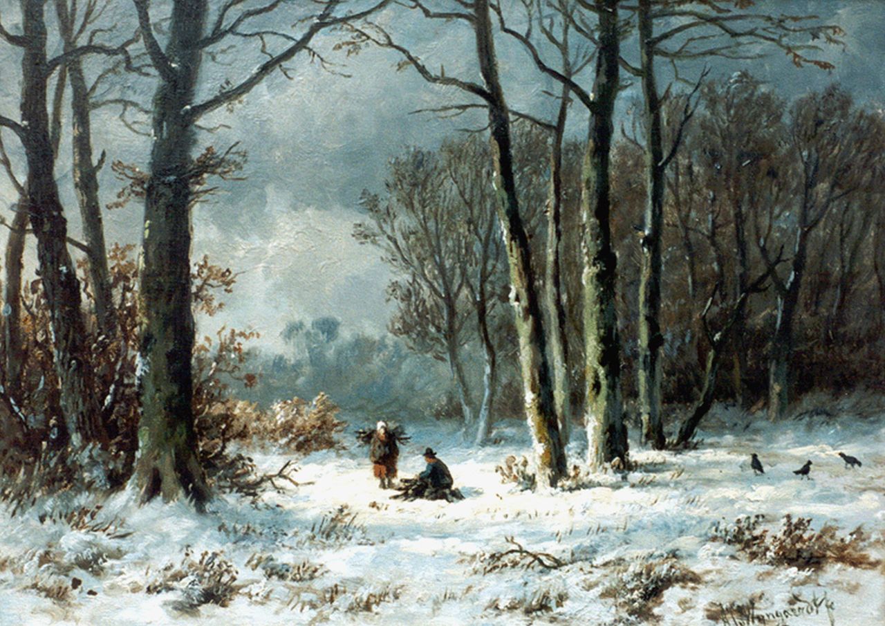 Wijngaerdt A.J. van | Anthonie Jacobus van Wijngaerdt, Winters bosgezicht met houtsprokkelaars, olieverf op paneel 23,6 x 33,1 cm, gesigneerd rechtsonder