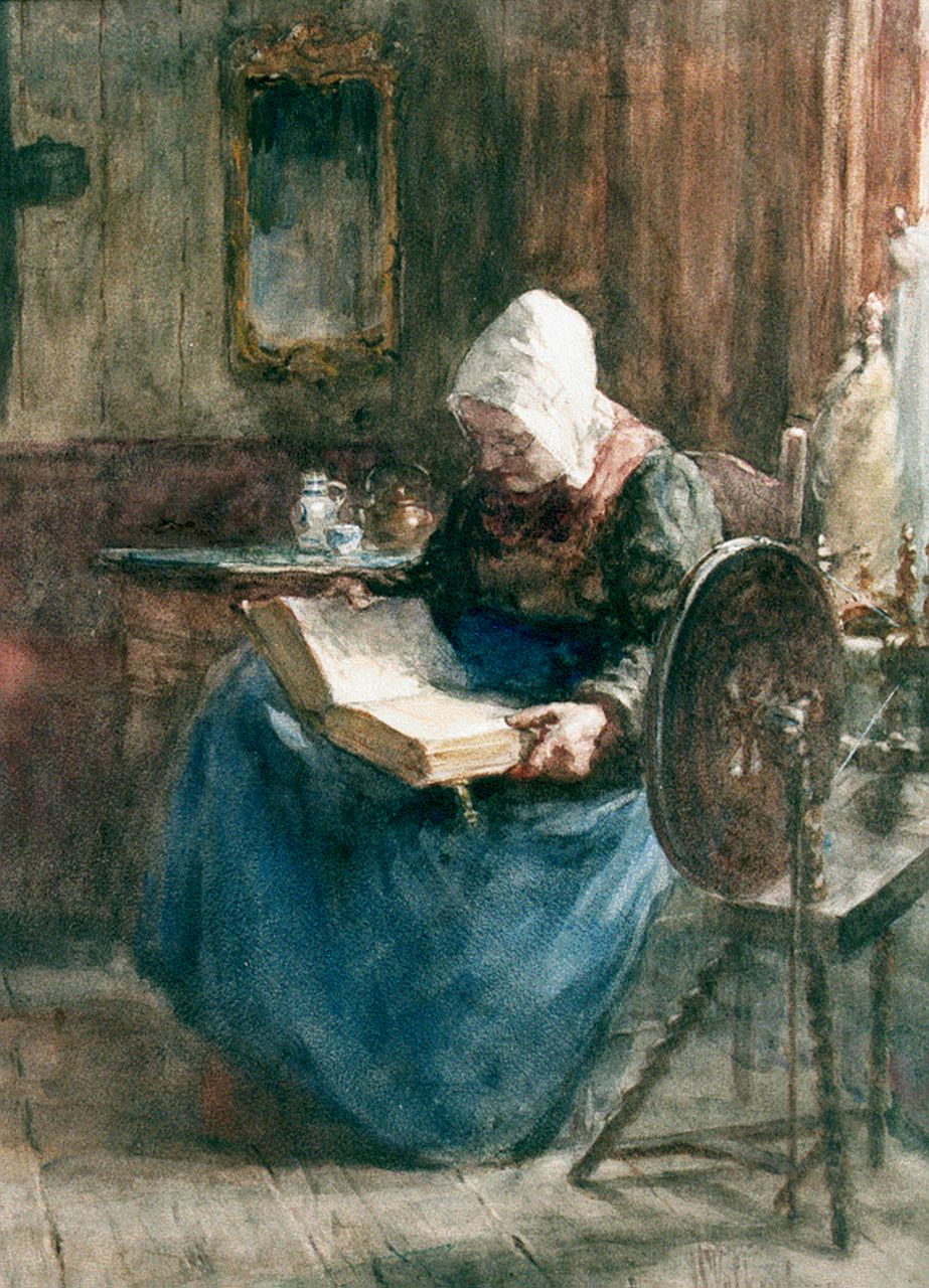 Valkenburg H.  | Hendrik Valkenburg, Oude vrouw lezend in de bijbel bij het spinnewiel, aquarel op papier 53,0 x 40,0 cm, gesigneerd rechtsonder