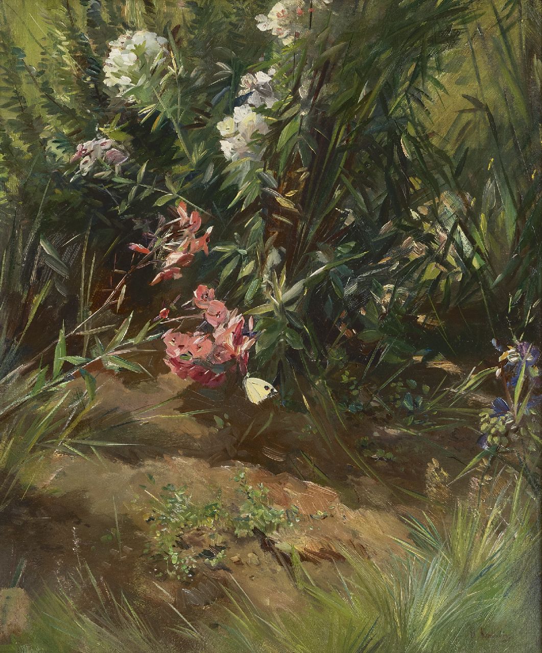 Korteling W.  | Willem Korteling | Schilderijen te koop aangeboden | Bloemrijk struikgewas met vlinder, olieverf op doek 60,2 x 50,2 cm, gesigneerd rechtsonder