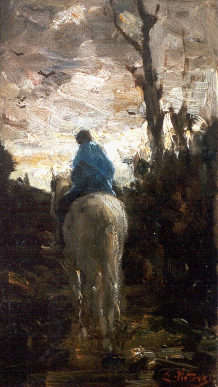 Pieters E.  | Evert Pieters, Trekpaard met ruiter op weg naar huis, olieverf op paneel 32,1 x 19,4 cm, gesigneerd rechtsonder