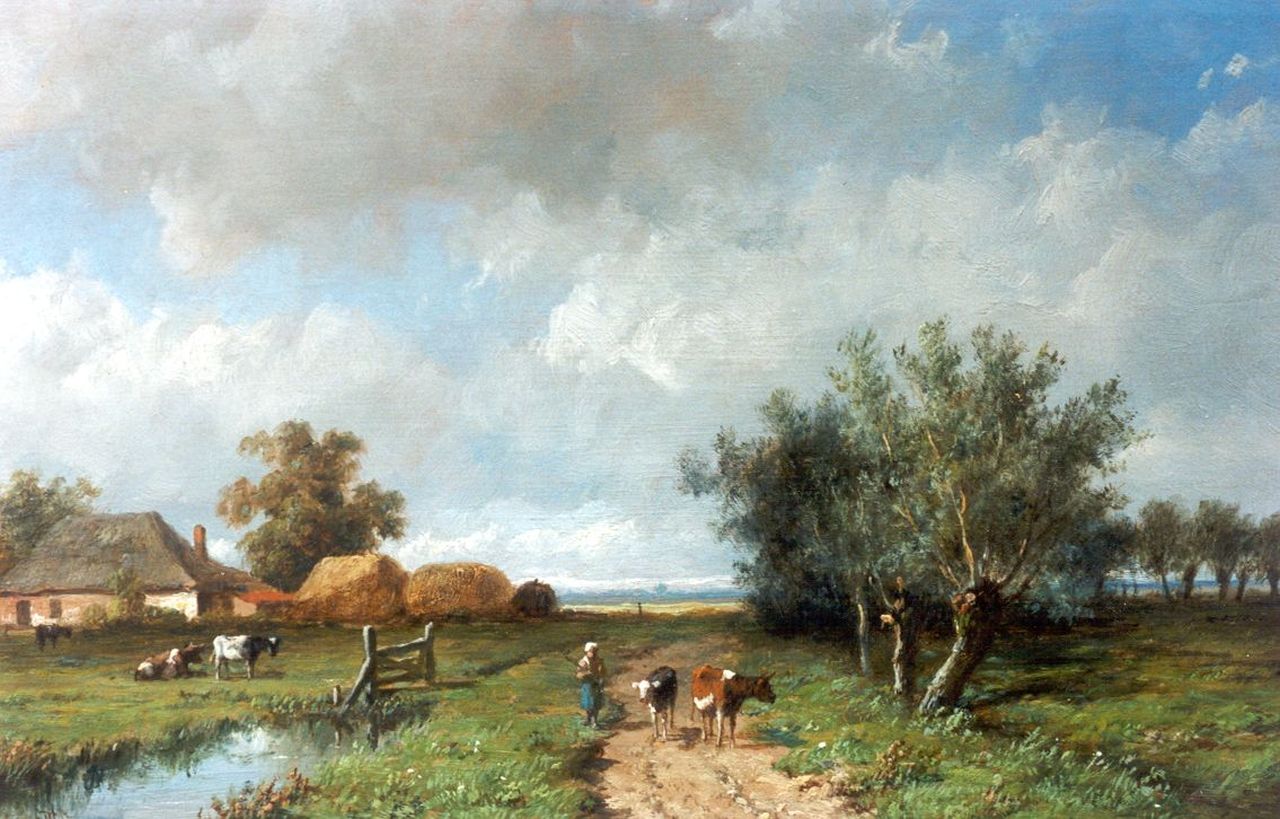 Wijngaerdt A.J. van | Anthonie Jacobus van Wijngaerdt, Herderin met koeien op een pad bij een boerderij, olieverf op paneel 15,9 x 26,0 cm, gesigneerd linksonder