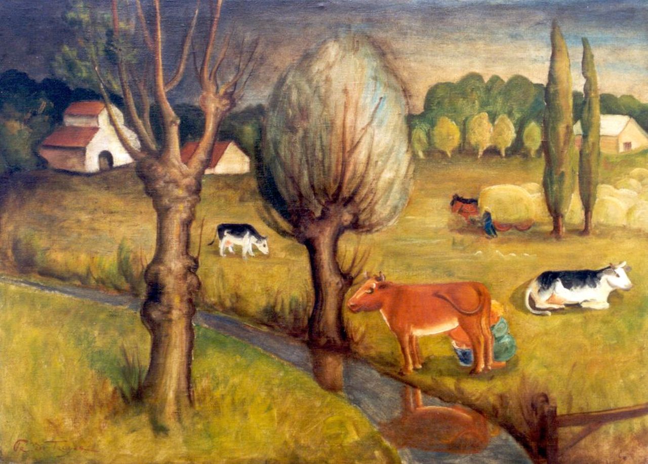 Troyer P. de | Prosper de Troyer, Landschap met melkende boer en koeien, olieverf op doek 88,2 x 120,8 cm, gesigneerd linksonder