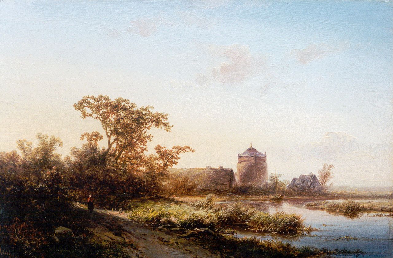 Kluyver P.L.F.  | 'Pieter' Lodewijk Francisco Kluyver, Zomers rivierlandschap bij zonsondergang, olieverf op paneel 18,0 x 27,4 cm, gesigneerd linksonder