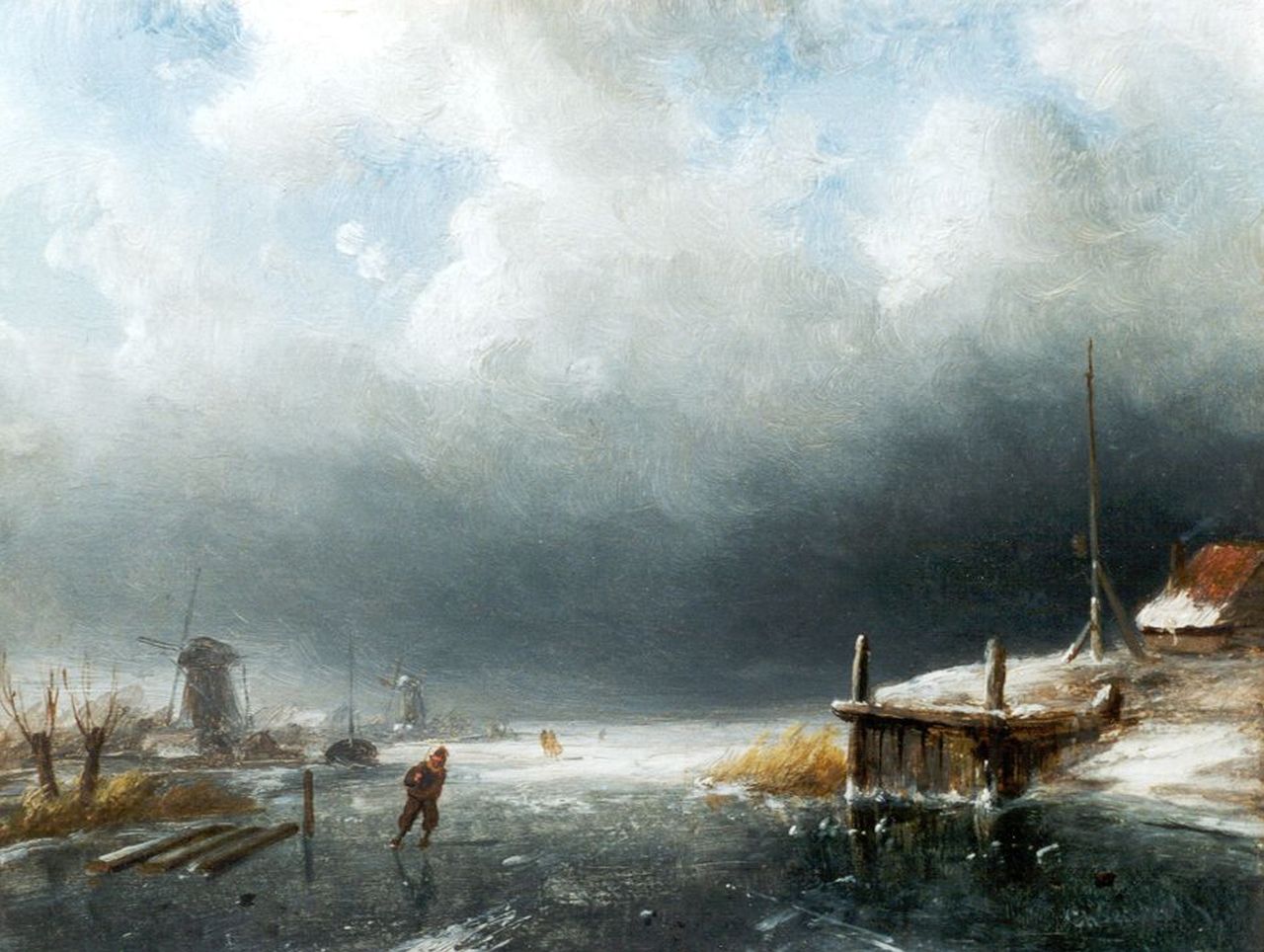 Leickert C.H.J.  | 'Charles' Henri Joseph Leickert, IJsgezicht bij opkomende storm, olieverf op paneel 13,6 x 18,0 cm, gesigneerd rechtsonder