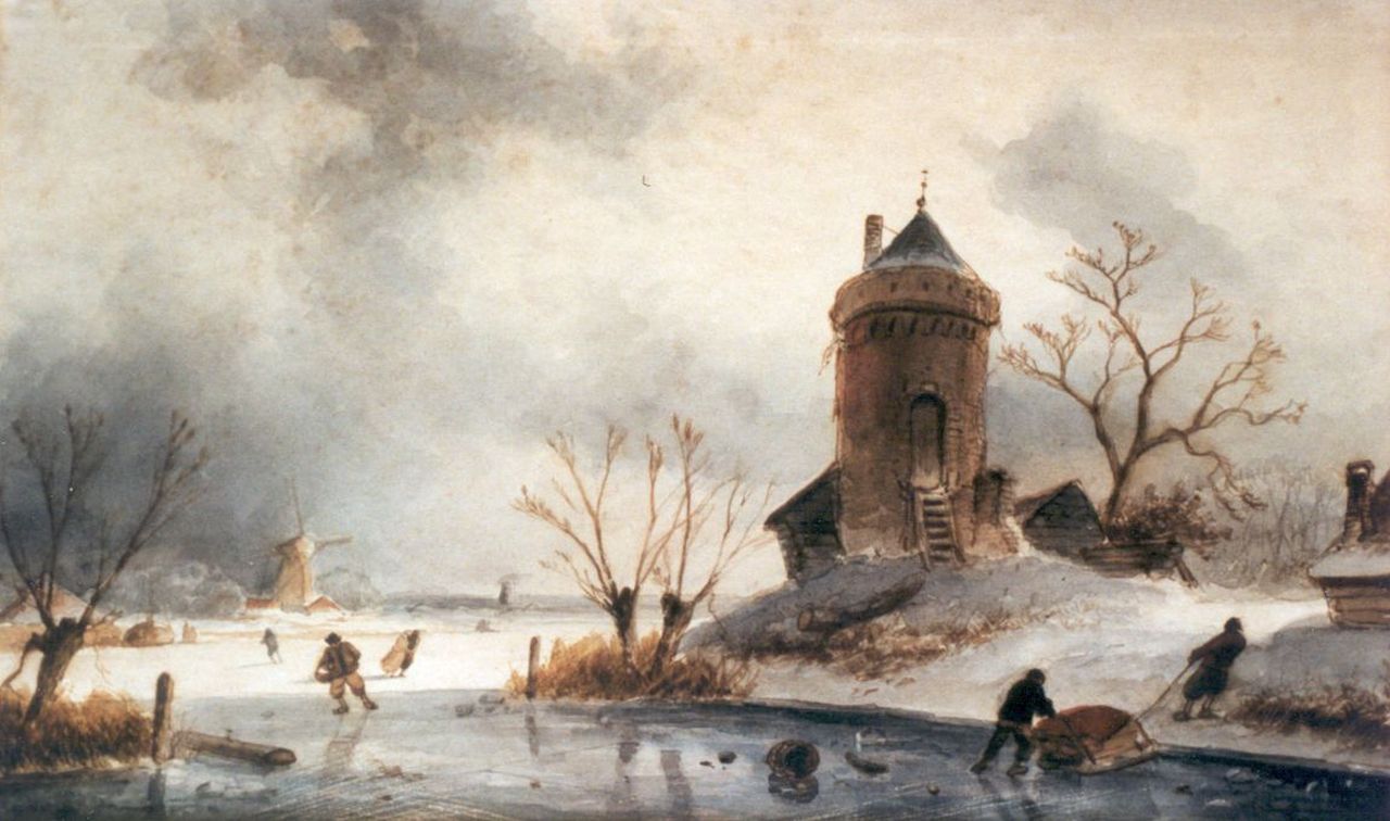 Leickert C.H.J.  | 'Charles' Henri Joseph Leickert, Winters rivierlandschap met schaatsers, aquarel op papier 20,5 x 34,0 cm, gesigneerd linksonder