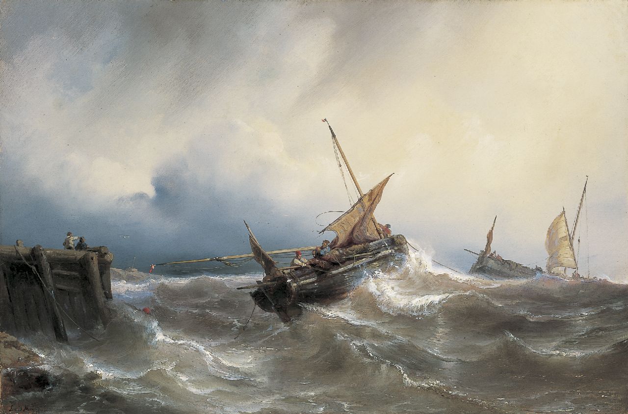 Meijer J.H.L.  | Johan Hendrik 'Louis' Meijer, Vissersboten voor de kust op woelige zee, olieverf op doek 43,0 x 64,9 cm, gesigneerd linksonder en gedateerd 1845