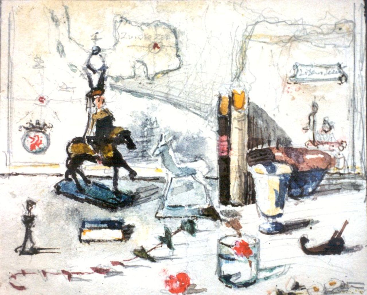 Dam van Isselt L. van | Lucie van Dam van Isselt, Studie voor stilleven, potlood en aquarel op papier 11,5 x 13,6 cm, gesigneerd rechtsboven en gedateerd 1948