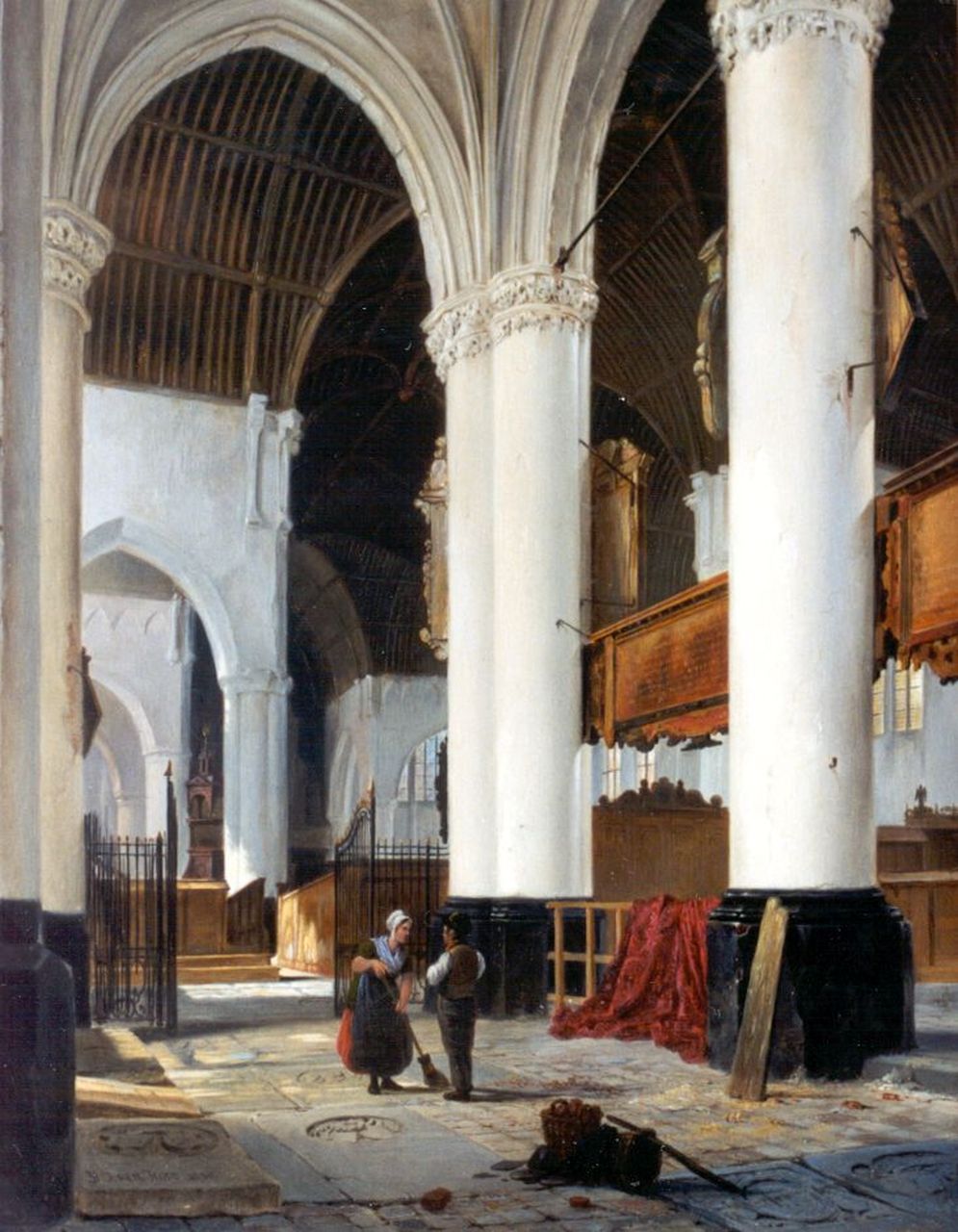 Hove B.J. van | Bartholomeus Johannes 'Bart' van Hove, Kerkinterieur met figuren, olieverf op paneel 47,8 x 38,2 cm, gesigneerd linksonder en gedateerd 1836