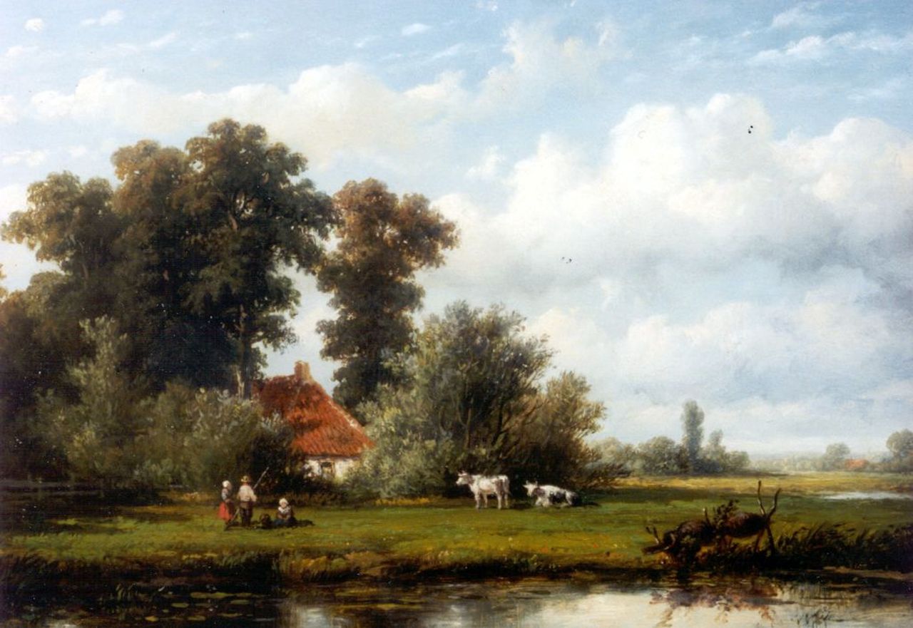 Wijngaerdt A.J. van | Anthonie Jacobus van Wijngaerdt, Polderlandschap met hengelaars, olieverf op paneel 22,4 x 30,8 cm, gesigneerd rechtsonder en gedateerd 1859