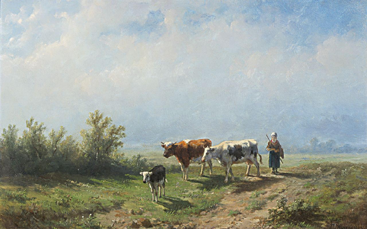 Wijngaerdt A.J. van | Anthonie Jacobus van Wijngaerdt, Naar de weide in de dageraad, olieverf op paneel 23,0 x 36,1 cm, gesigneerd rechtsonder
