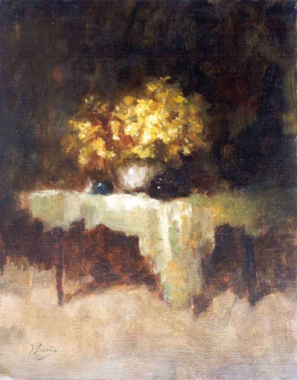 Surie J.  | Jacoba 'Coba' Surie, Interieur met bloemstilleven op een tafel, olieverf op doek 49,9 x 40,3 cm, gesigneerd linksonder