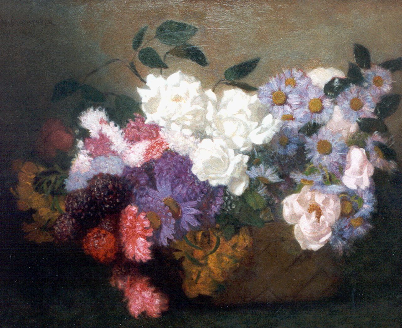 Wandscheer M.W.  | Maria Wilhelmina 'Marie' Wandscheer, Mand met bloemen, olieverf op doek 55,0 x 65,7 cm, gesigneerd linksboven