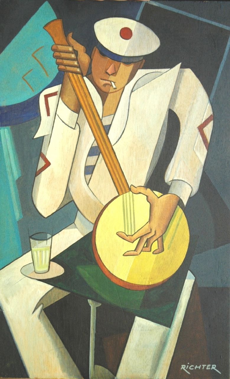 Richter A.  | Aurel Richter, Matroos met banjo, olieverf op paneel 47,3 x 29,2 cm, gesigneerd rechtsonder