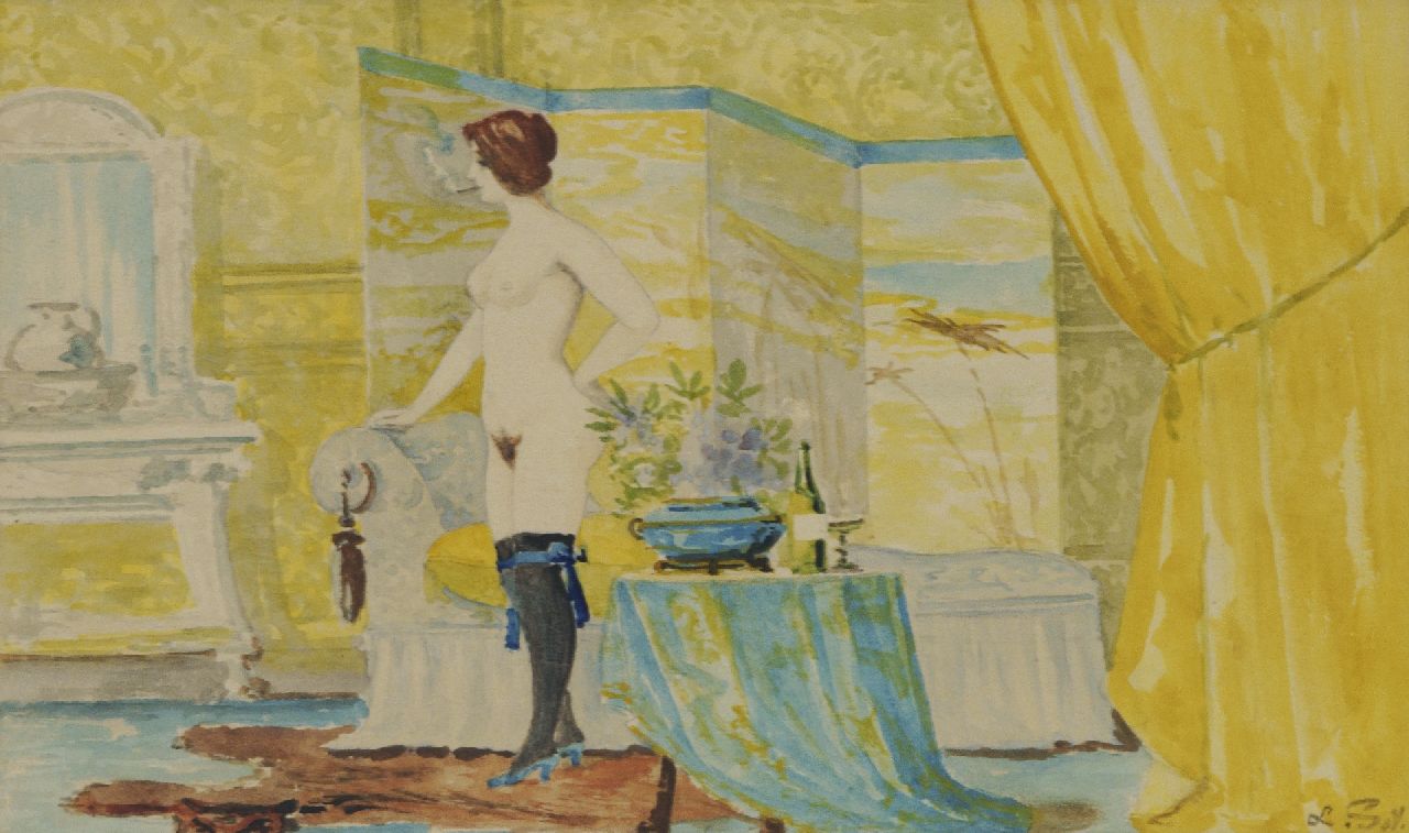 Soy L.  | Soy | Aquarellen en tekeningen te koop aangeboden | Naakte vrouw rokend in boudoir, aquarel op papier 14,8 x 24,7 cm, gesigneerd rechtsonder en te dateren ca. 1920