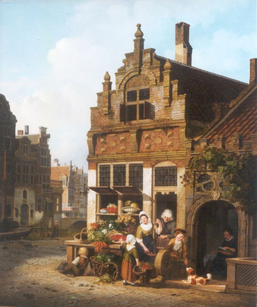 Verheijen J.H.  | Jan Hendrik Verheijen, Stadsgezicht met groenteverkoopster, olieverf op doek 58,0 x 48,8 cm, gesigneerd rechtsonder