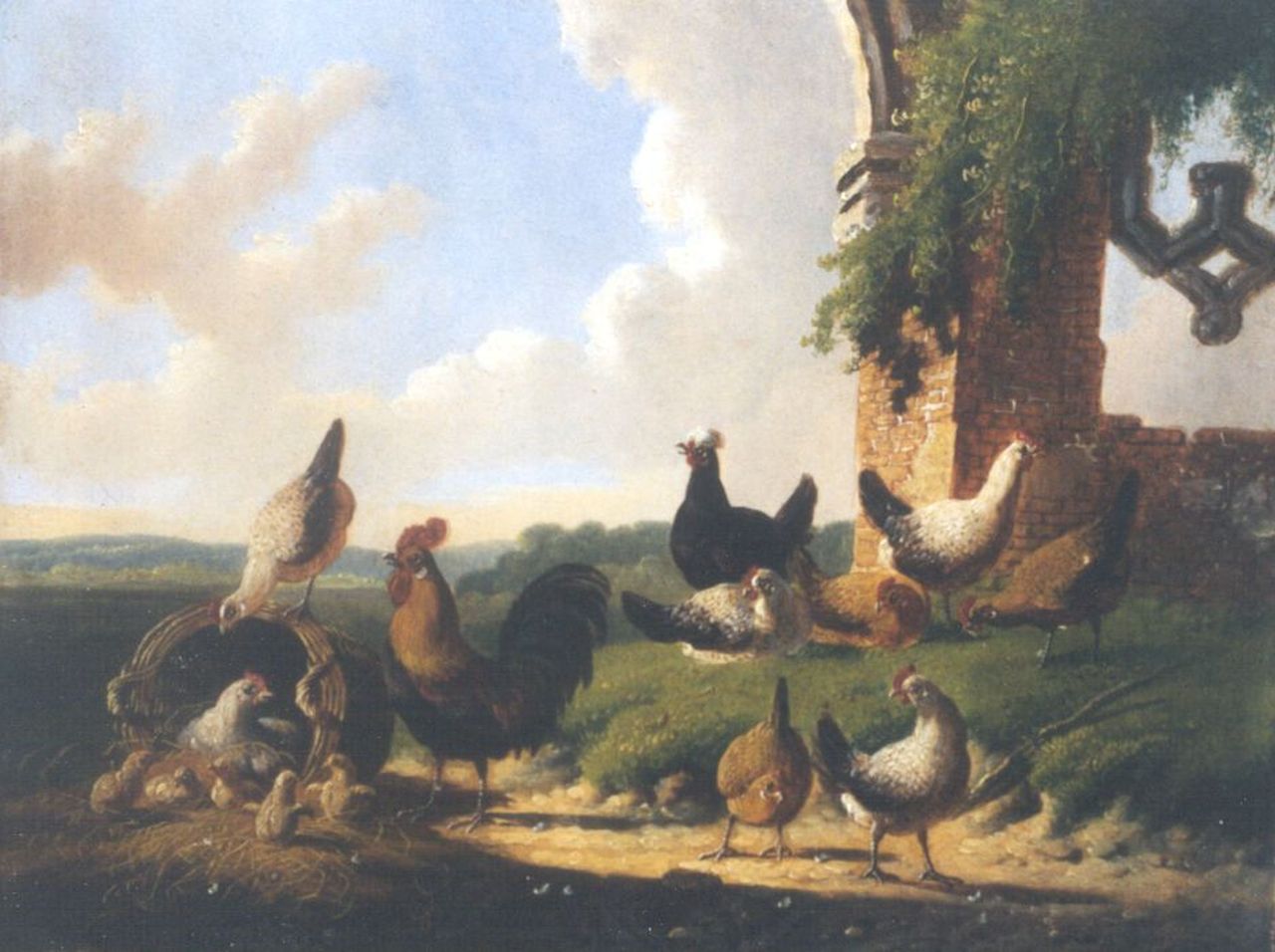 Verhoesen A.  | Albertus Verhoesen, Pluimvee bij een ruïne, olieverf op paneel 18,2 x 23,7 cm, gesigneerd links van het midden. en gedateerd 1874