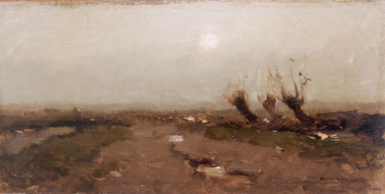 Knikker A.  | Aris Knikker, Polderlandschap met knotwilgen, olieverf op doek op schildersboard 18,4 x 34,7 cm, gesigneerd rechtsonder