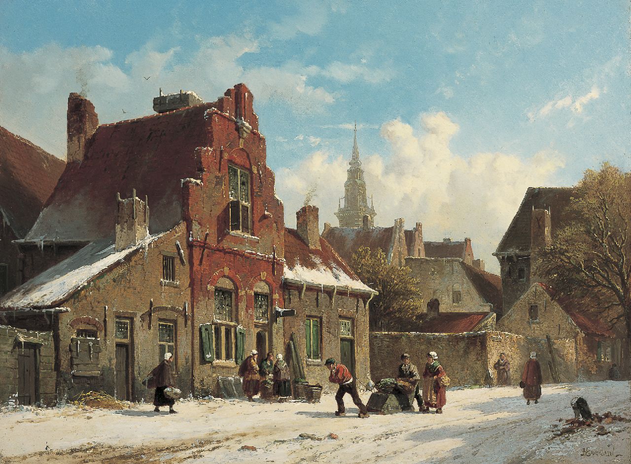 Eversen A.  | Adrianus Eversen, Hollands winters straatje, olieverf op paneel 31,7 x 42,7 cm, gesigneerd rechtsonder, en verso op resten van etiket