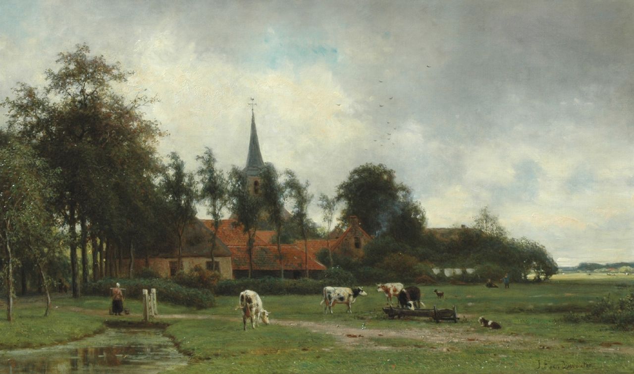 Deventer J.F. van | Jan Frederik van Deventer, Weidend vee bij een kerkdorpje, olieverf op doek 53,5 x 89,2 cm, gesigneerd rechtsonder