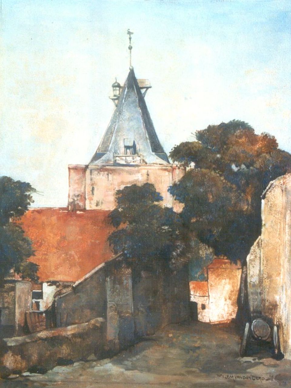 Berg W.H. van den | 'Willem' Hendrik van den Berg, Gezicht op de Vispoort te Elburg, olieverf op schildersboard 40,8 x 31,0 cm, gesigneerd rechtsonder