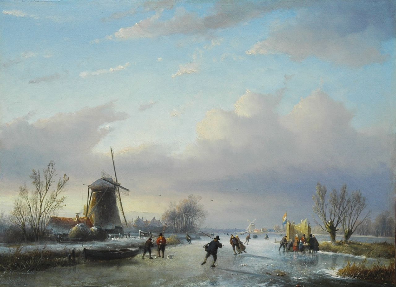 Spohler J.J.  | Jan Jacob Spohler, Hollands winterlandschap met schaatsers en koek-en-zopie, olieverf op paneel 38,2 x 51,6 cm, gesigneerd linksonder