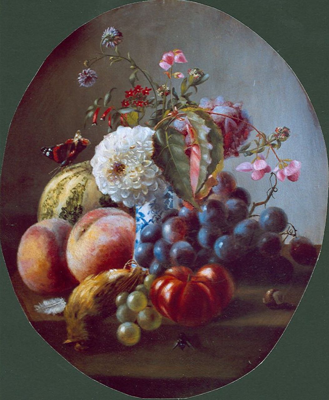 Roosenboom M.C.J.W.H.  | 'Margaretha' Cornelia Johanna Wilhelmina Henriëtta Roosenboom, Stilleven van bloemen en vruchten, olieverf op paneel 40,0 x 33,6 cm, gesigneerd middenonder en gedateerd 1859