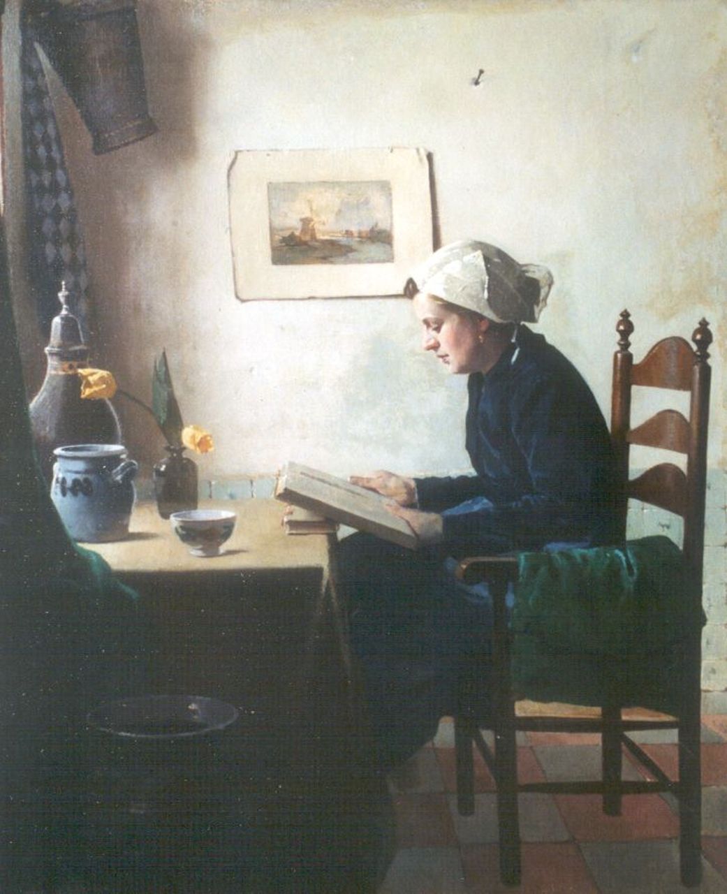 Ligtelijn E.J.  | Evert Jan Ligtelijn, Lezende vrouw aan een tafel bij het raam, olieverf op doek 60,3 x 50,0 cm, gesigneerd linksonder