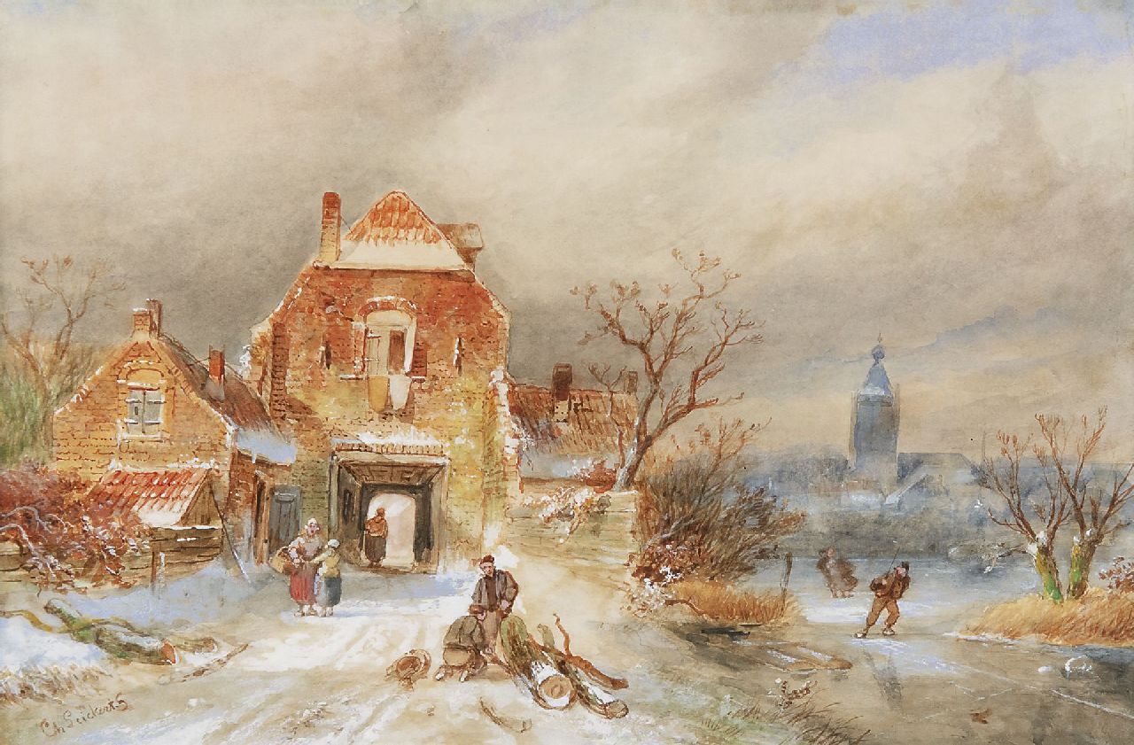 Leickert C.H.J.  | 'Charles' Henri Joseph Leickert, Winters dorpsgezicht met schaatsers, aquarel op papier 23,1 x 34,8 cm, gesigneerd linksonder